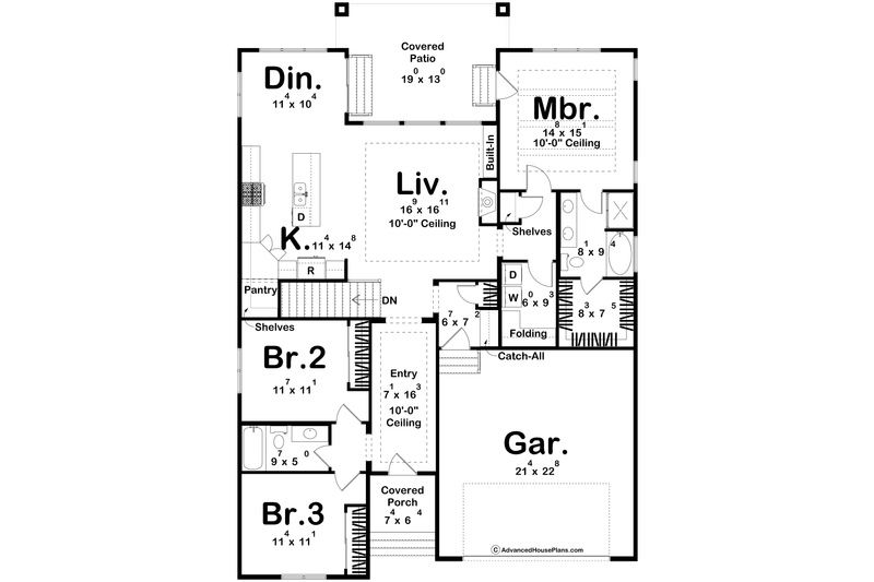 House Blueprint - Floor Plan - Main Floor for Farmhouse House Plan #455-632 - 3 bed, 2 bath