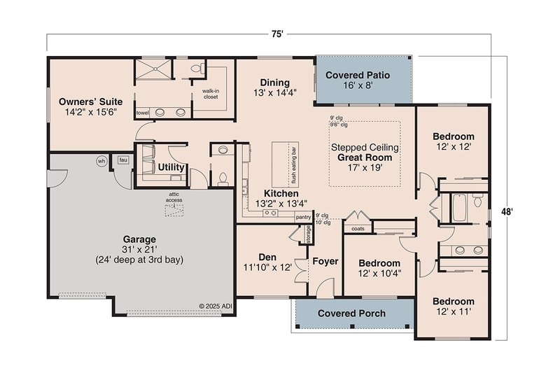 House Blueprint - Floor Plan - Main Floor for Prairie House Plan #124-1400 - 4 bed, 2.5 bath