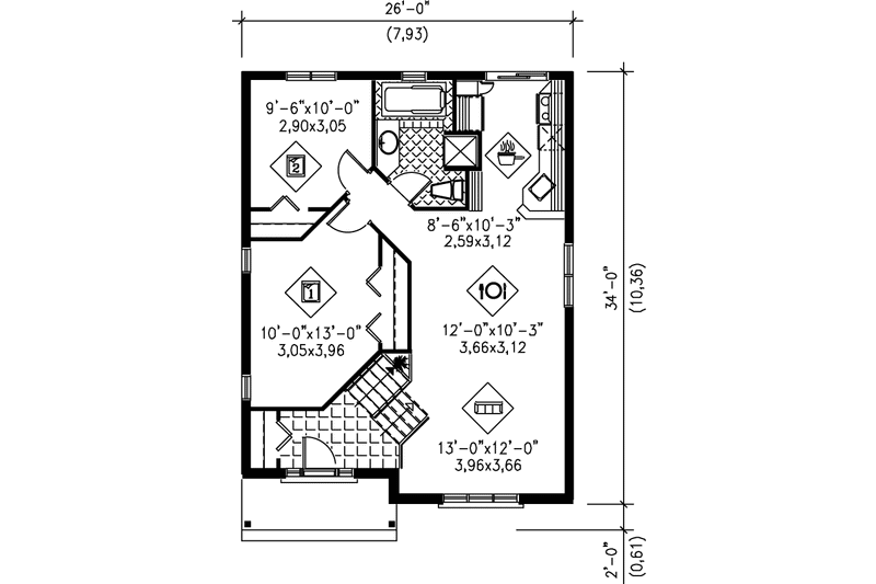 House Blueprint - Floor Plan - Main Floor for Cottage House Plan #25-121 - 2 bed, 1 bath