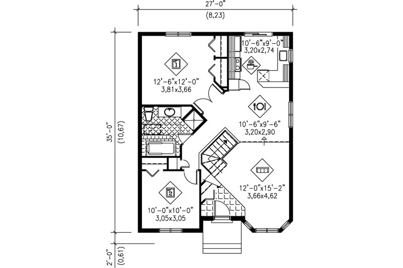 House Blueprint - Floor Plan - Main Floor for Cottage House Plan #25-116 - 2 bed, 1 bath