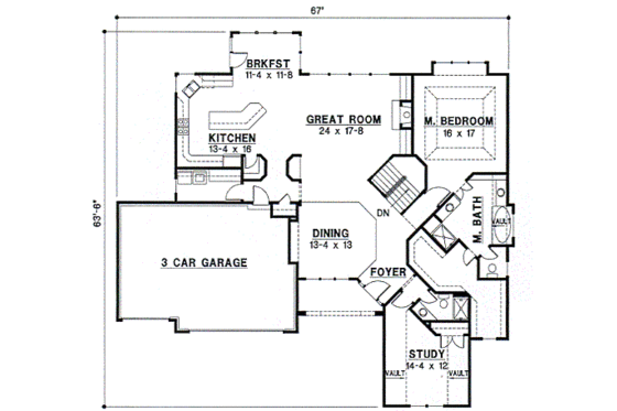 Floor Plan - Main Floor for Traditional House Plan #67-384 - 4 bed, 4 bath
