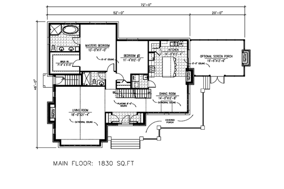 Floor Plan - Main Floor for Traditional House Plan #138-380 - 2 bed, 2 bath