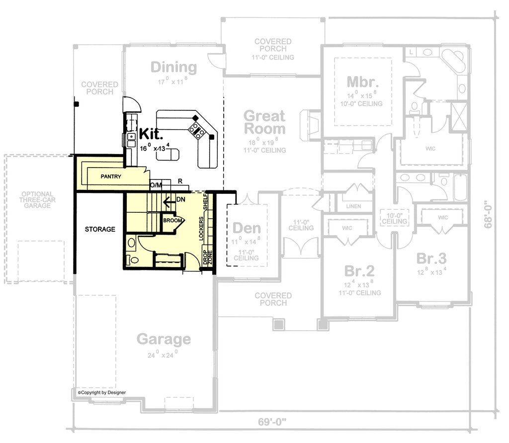 One Level House Plan 3 Bedrooms 2 Car Garage 44 Ft Wide X 50 Ft D