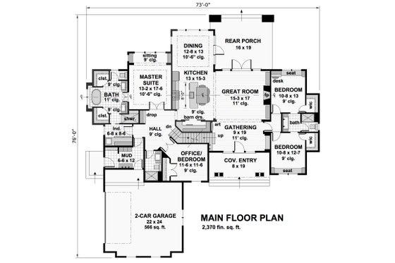Floor Plan - Main Floor for Craftsman House Plan #51-570 - 4 bed, 3 bath
