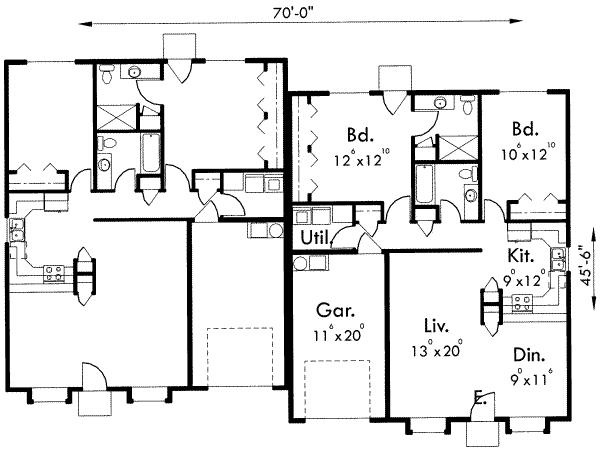 Floor Plan - Main Floor for Ranch House Plan #303-370 - 2 bed, 2 bath