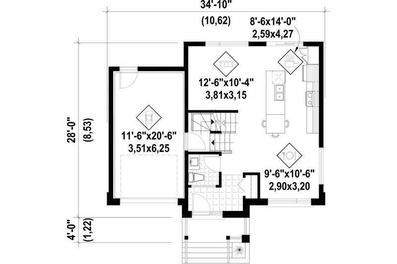 Architectural House Design - Floor Plan - Main Floor for Contemporary House Plan #25-4572 - 3 bed, 1 bath