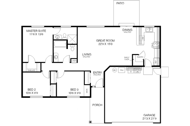 House Blueprint - Floor Plan - Main Floor for Ranch House Plan #60-446 - 3 bed, 2 bath