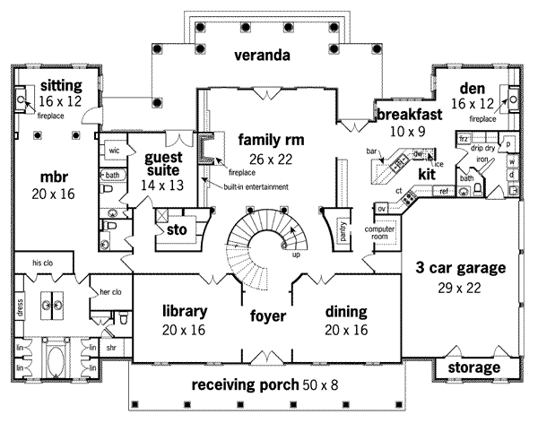 Architectural House Design - Southern Floor Plan - Main Floor Plan #45-179
