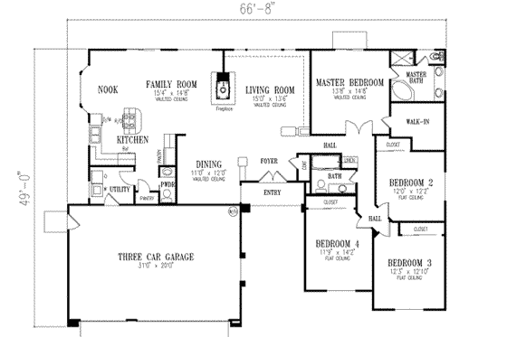 Floor Plan - Main Floor for Ranch House Plan #1-478 - 4 bed, 2.5 bath