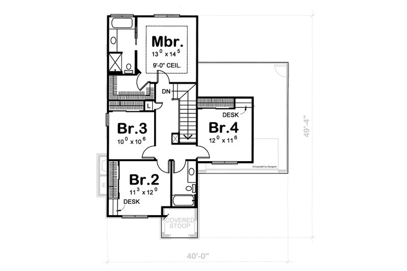 House Blueprint - Floor Plan - Upper Floor for Colonial House Plan #20-1226 - 4 bed, 2.5 bath