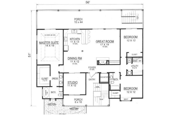 Floor Plan - Main Floor for Beach House Plan #14-252 - 3 bed, 2 bath