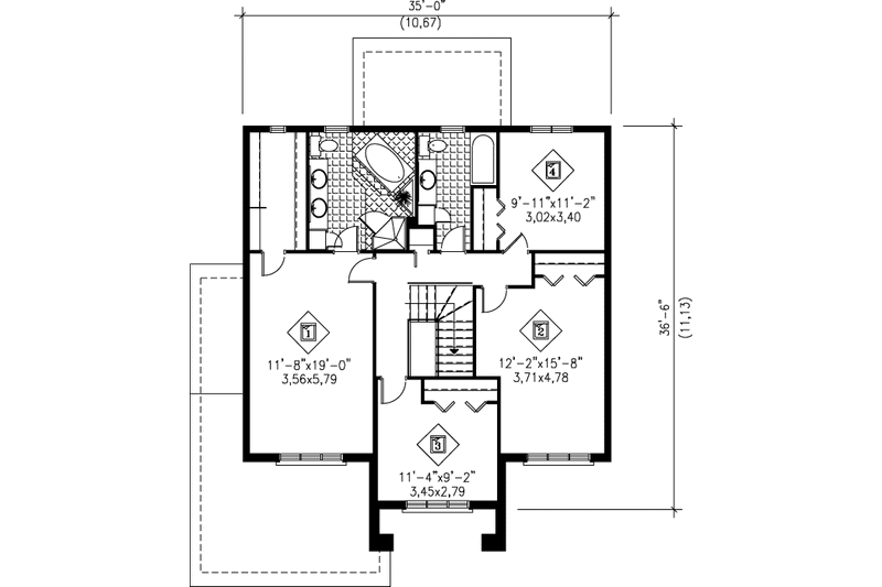 House Blueprint - Floor Plan - Upper Floor for European House Plan #25-2200 - 4 bed, 2.5 bath