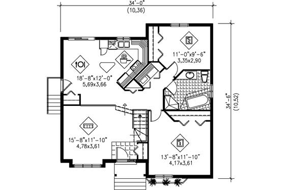 Floor Plan - Main Floor for Ranch House Plan #25-1174 - 2 bed, 1 bath