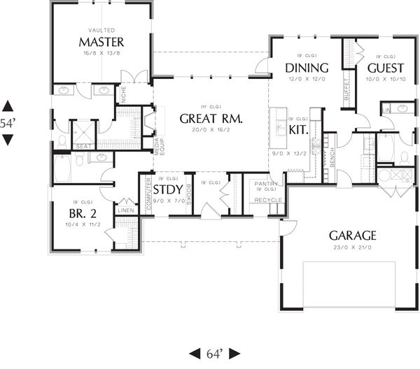 House Plan Design - Craftsman ranch house Plan 48-600 main floor