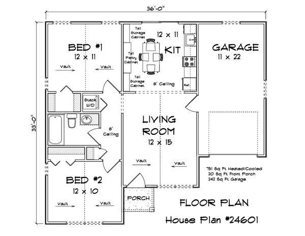 House Plan Design - Floor Plan - Main Floor for Cottage House Plan #513-2394 - 2 bed, 1 bath