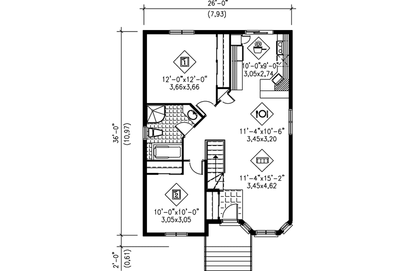 Architectural House Design - Floor Plan - Main Floor for Cottage House Plan #25-129 - 2 bed, 1 bath