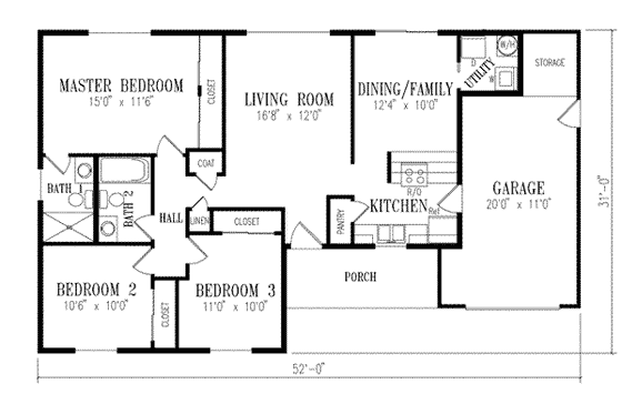 Floor Plan - Main Floor for Contemporary House Plan #1-165 - 3 bed, 2 bath