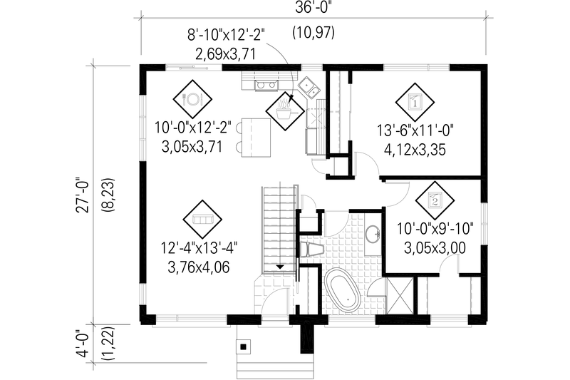 House Blueprint - Floor Plan - Main Floor for Contemporary House Plan #25-4312 - 2 bed, 1 bath