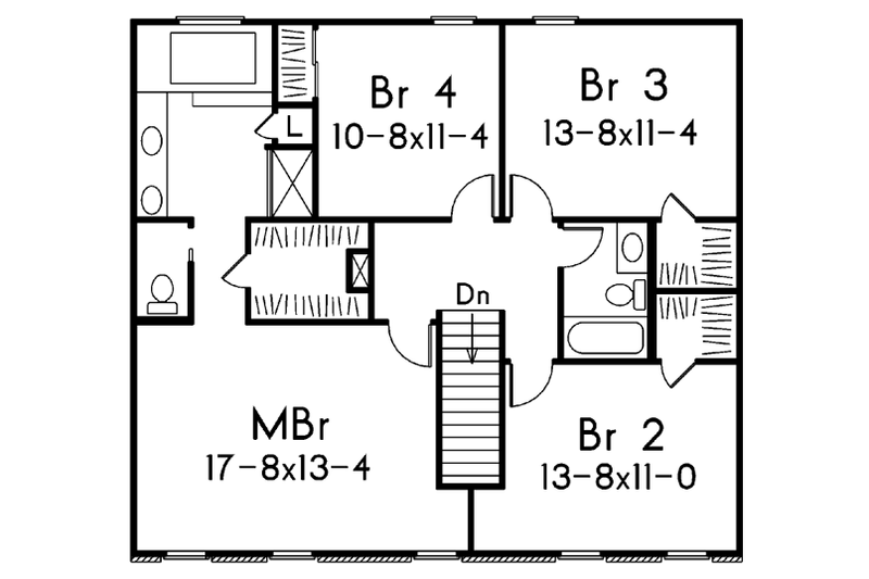 House Blueprint - Floor Plan - Upper Floor for Colonial House Plan #57-111 - 4 bed, 2.5 bath