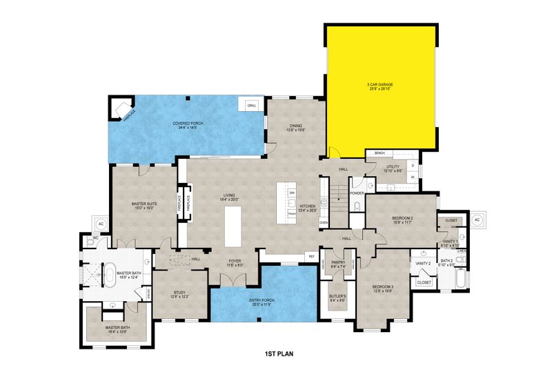 House Design - Floor Plan - Main Floor for Farmhouse House Plan #1110-41 - 3 bed, 3.5 bath