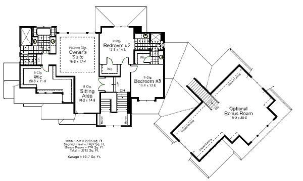 European style house plan, upper floor plan
