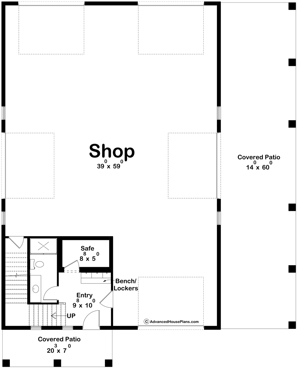 Barndominium shop-house plan, garage level floor plan