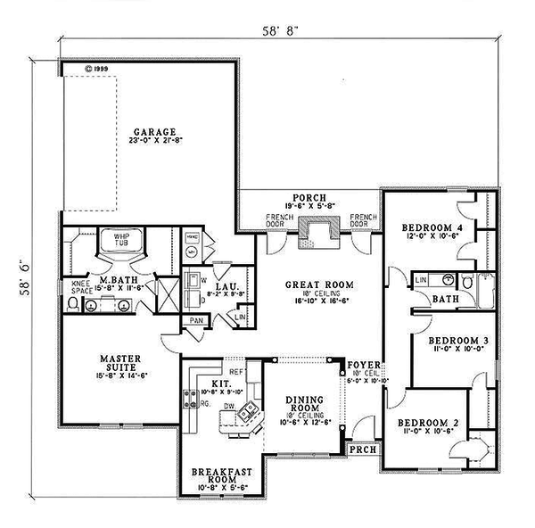 Traditional style house plan, main level floor plan