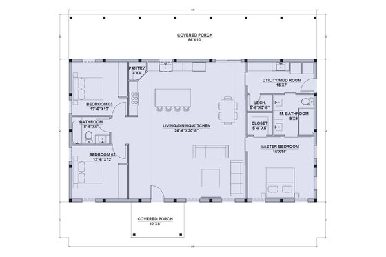 Floor Plan - Main Floor for Barndominium House Plan #1107-34 - 3 bed, 2 bath