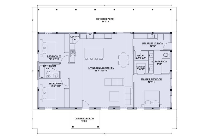 House Design - Floor Plan - Main Floor for Barndominium House Plan #1107-34 - 3 bed, 2 bath