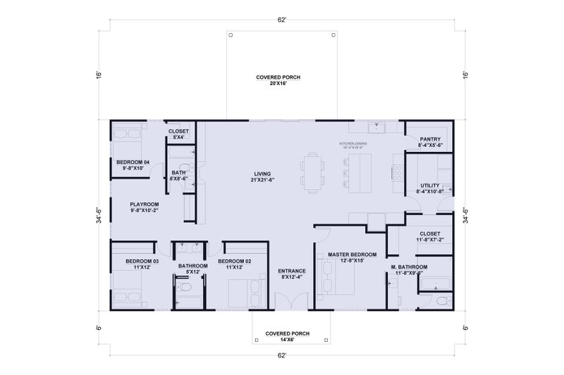 Dream House Plan - Floor Plan - Main Floor for Barndominium House Plan #1107-39 - 4 bed, 3 bath