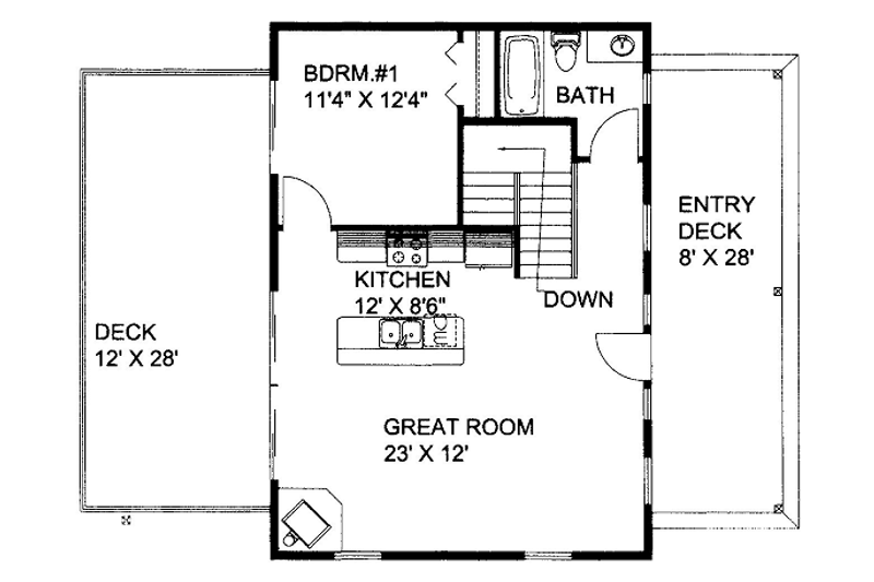 House Design - Floor Plan - Main Floor for Bungalow House Plan #117-680 - 1 bed, 1 bath