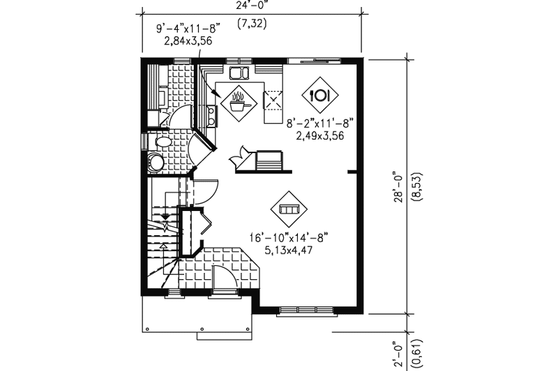 Home Plan - Floor Plan - Main Floor for European House Plan #25-4024 - 3 bed, 1.5 bath