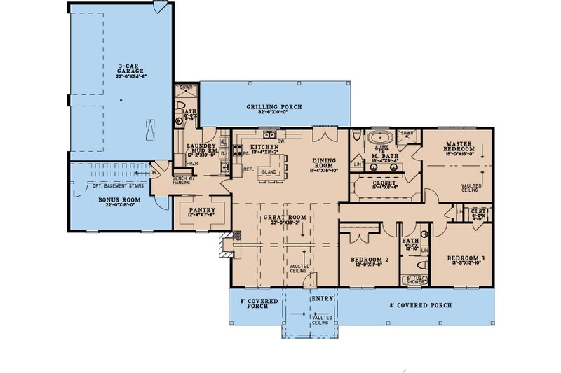 House Blueprint - Floor Plan - Main Floor for Farmhouse House Plan #923-384 - 3 bed, 3 bath