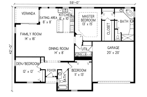 Floor Plan - Main Floor for Mediterranean House Plan #76-119 - 2 bed, 2 bath
