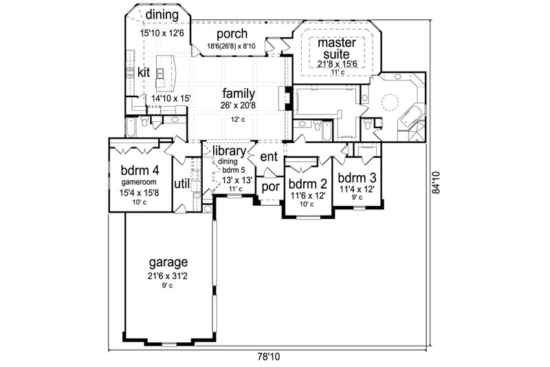 House Blueprint - Floor Plan - Main Floor for Mediterranean House Plan #84-598 - 4 bed, 3 bath