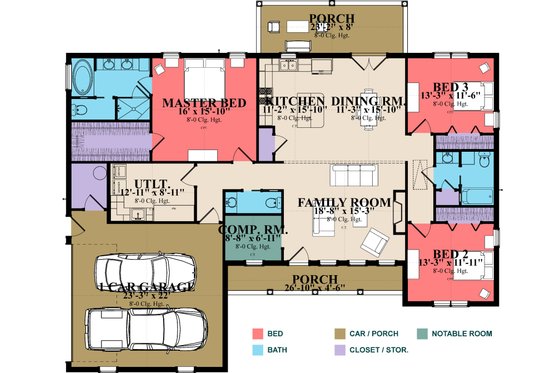 Floor Plan - Main Floor for Prairie House Plan #63-398 - 3 bed, 2 bath