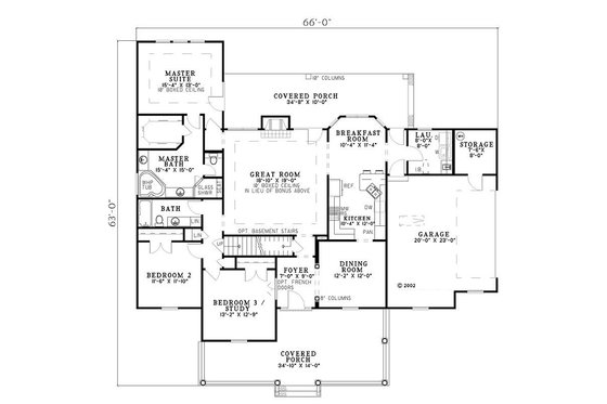 Country style house plan, main level floor plan