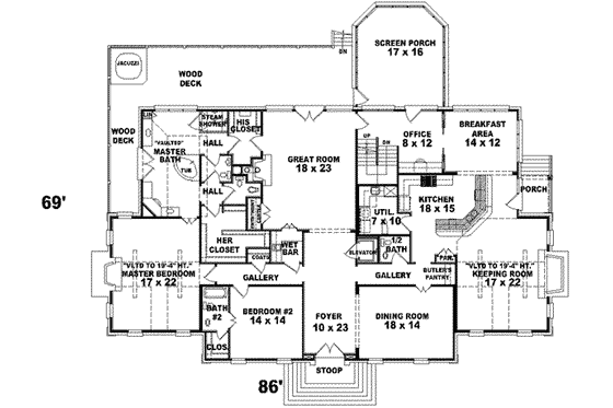 Floor Plan - Main Floor for Colonial House Plan #81-651 - 2 bed, 3.5 bath