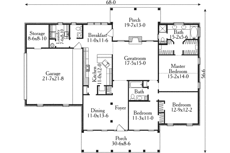 House Blueprint - Floor Plan - Main Floor for Southern House Plan #406-275 - 3 bed, 2.5 bath