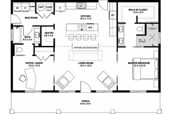 Floor Plan - Main Floor for Farmhouse House Plan #126-297 - 2 bed, 2 bath