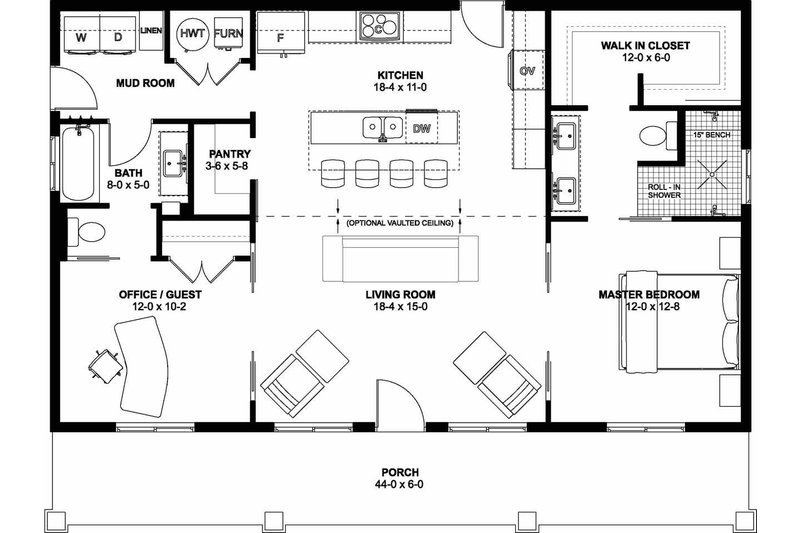 Dream House Plan - Floor Plan - Main Floor for Farmhouse House Plan #126-297 - 2 bed, 2 bath