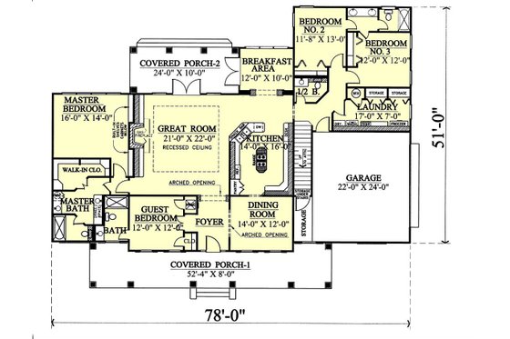 Floor Plan - Main Floor for Southern House Plan #44-112 - 4 bed, 3.5 bath