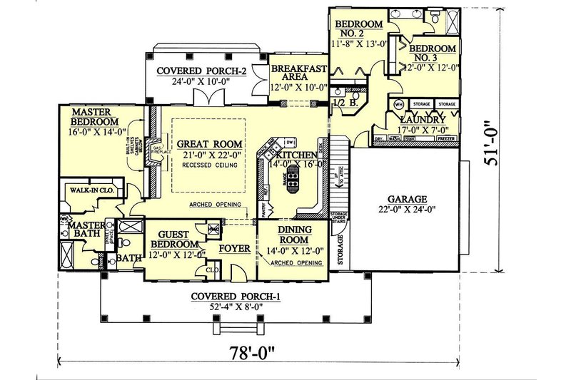 House Blueprint - Floor Plan - Main Floor for Southern House Plan #44-112 - 4 bed, 3.5 bath