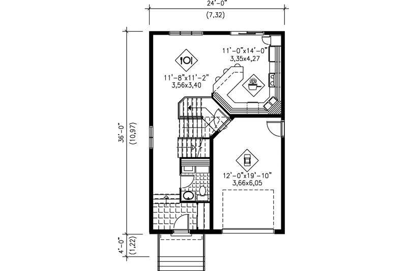House Blueprint - Floor Plan - Main Floor for European House Plan #25-230 - 2 bed, 1.5 bath
