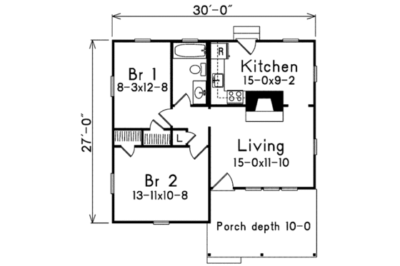 Floor Plan - Main Floor for Cottage House Plan #57-499 - 2 bed, 1 bath