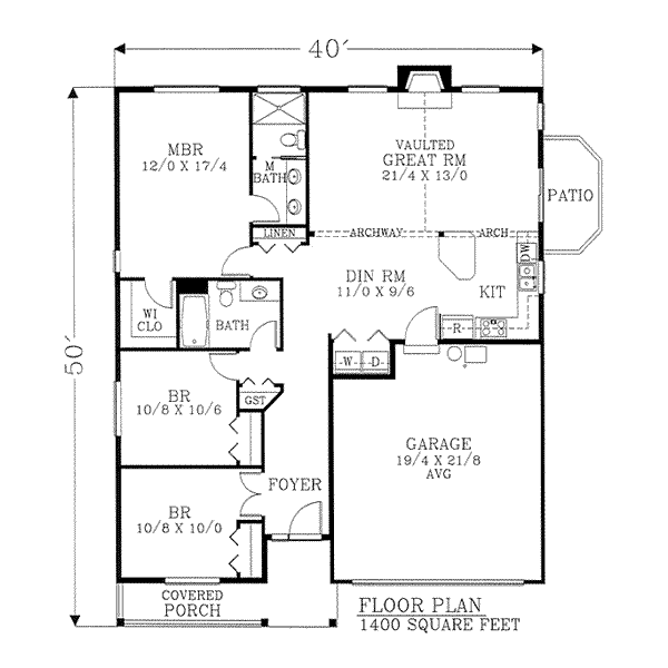 Traditional Style House Plan - 3 Beds 2 Baths 1400 Sq/Ft Plan #53-121 ...