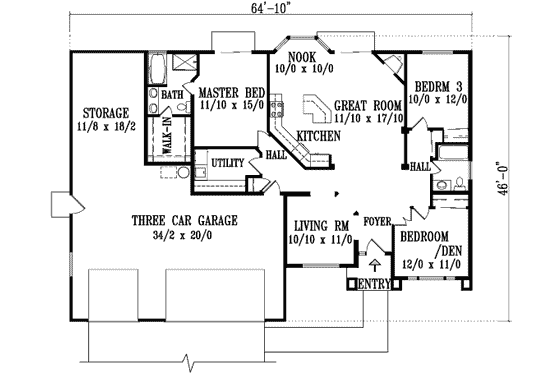 Floor Plan - Main Floor for Adobe / Southwestern House Plan #1-1298 - 3 bed, 2 bath