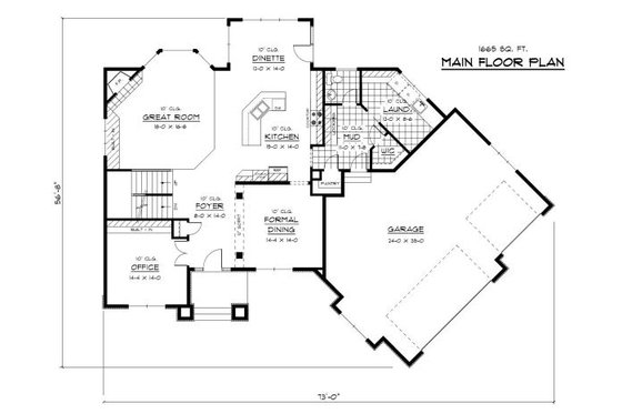 Floor Plan - Main Floor for Prairie House Plan #51-297 - 3 bed, 2.5 bath