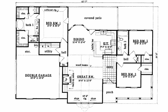 Floor Plan - Main Floor for Ranch House Plan #42-293 - 3 bed, 2 bath