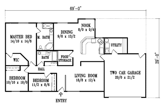 Floor Plan - Main Floor for Ranch House Plan #1-1341 - 3 bed, 2 bath